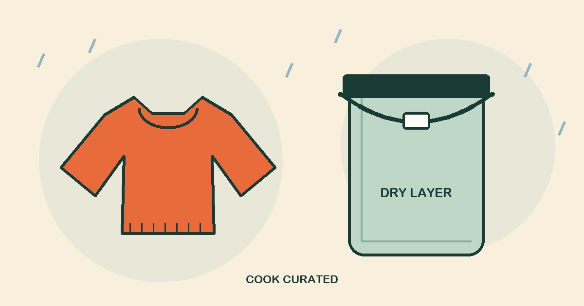 Original illustration of a warm orange layer beside a closed green dry bag with rain around them